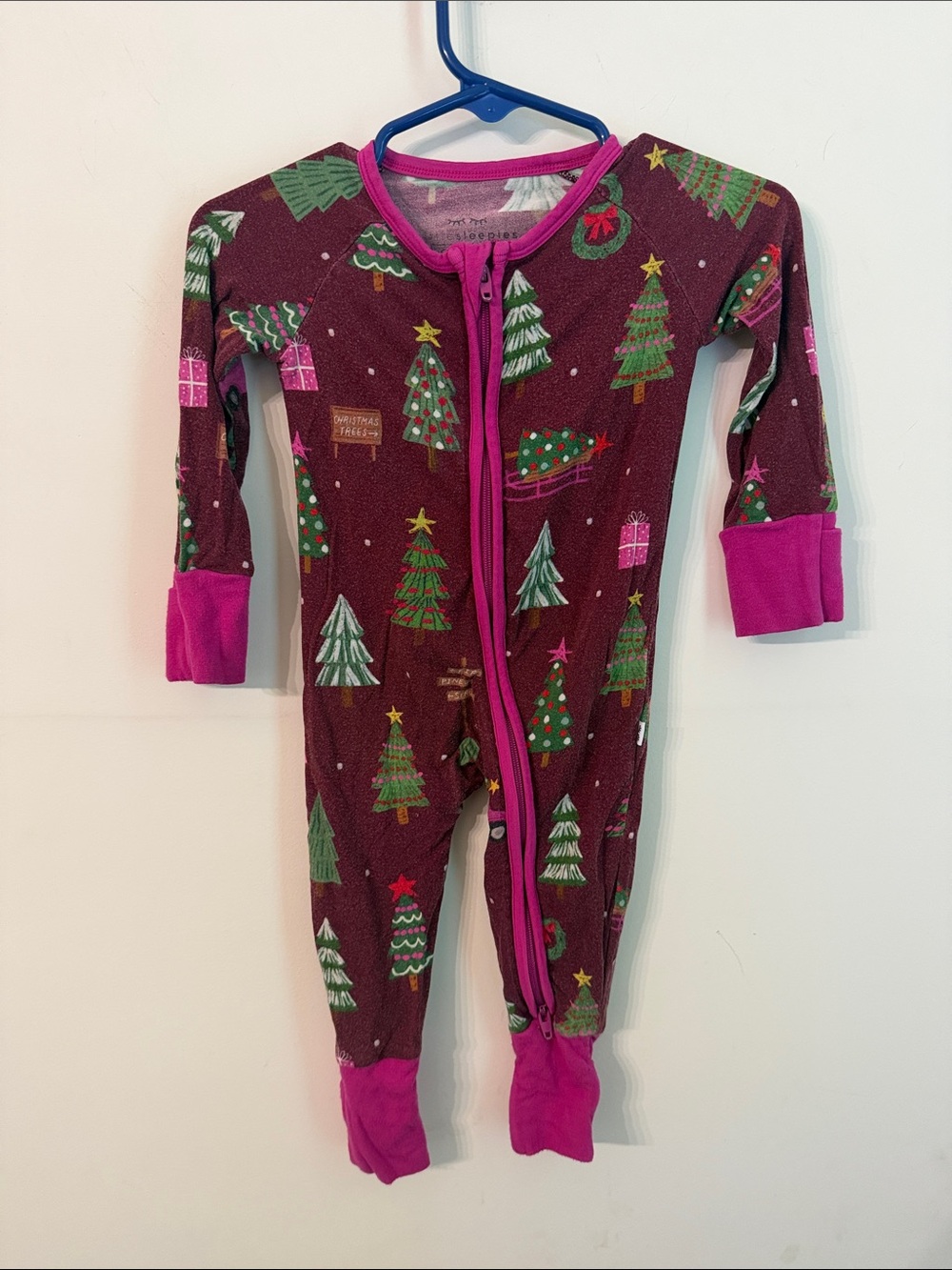Little Sleepies Burgundy twinkling Trees zippy One-Piece with Pink Trim